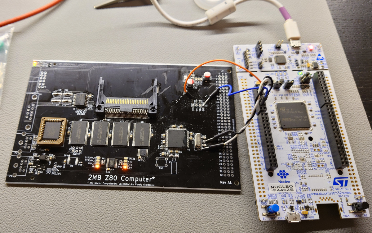 The eZ80 board hooked up to an STM32F4 as life support.